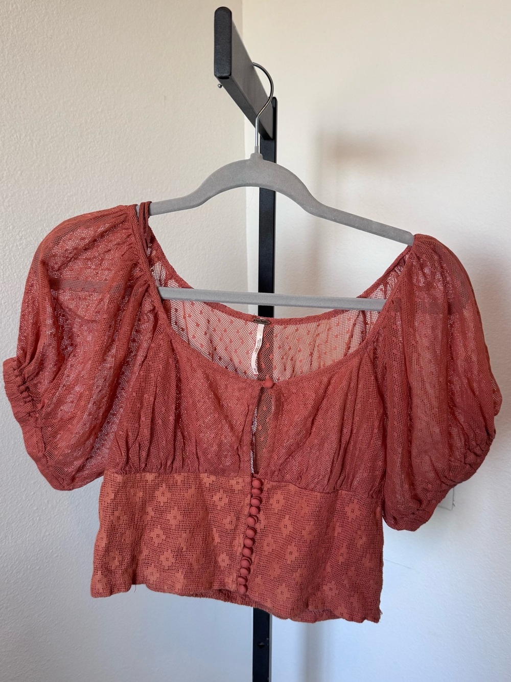 Free People Heartstrings Summer Puff Sleeve Crop Top, Rose Pink, Sz XS